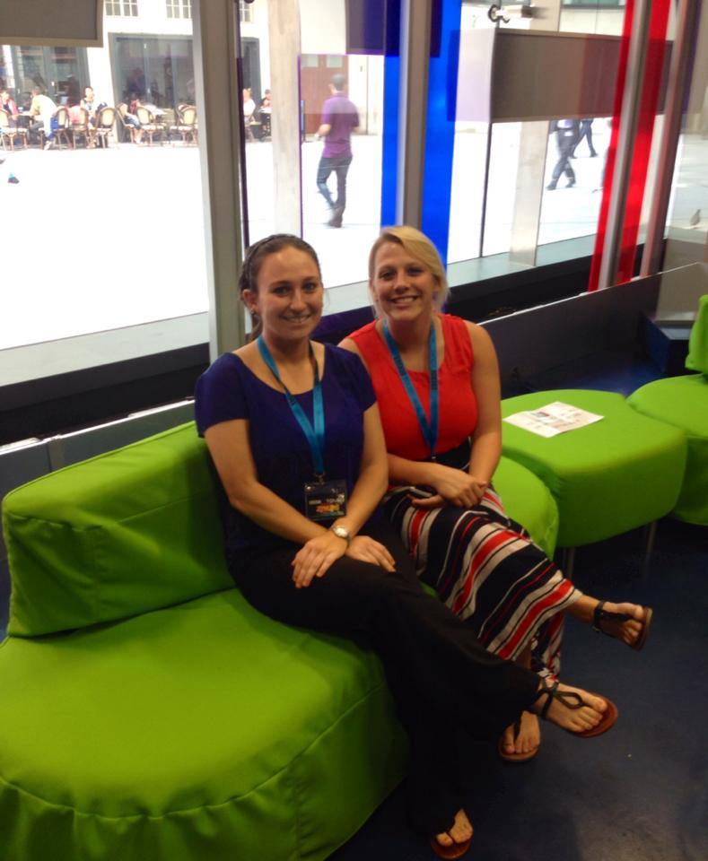 Students Tabby Wilson and Emily Griffin sit on the set of the BBC's "One Show"