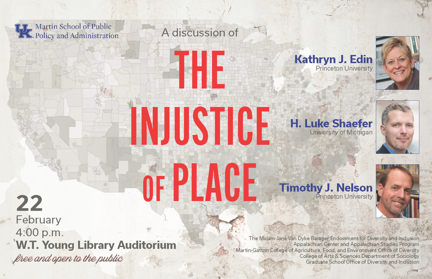 A discussion of The Injustice of Place flyer - Feb 22, 2024 4pm W.T. Young Library Auditorium