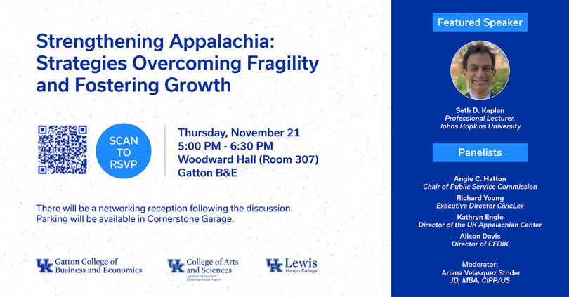 flyer for Strengthening Appalachia: Strategies Overcoming Fragility and Fostering Growth 11/21 event