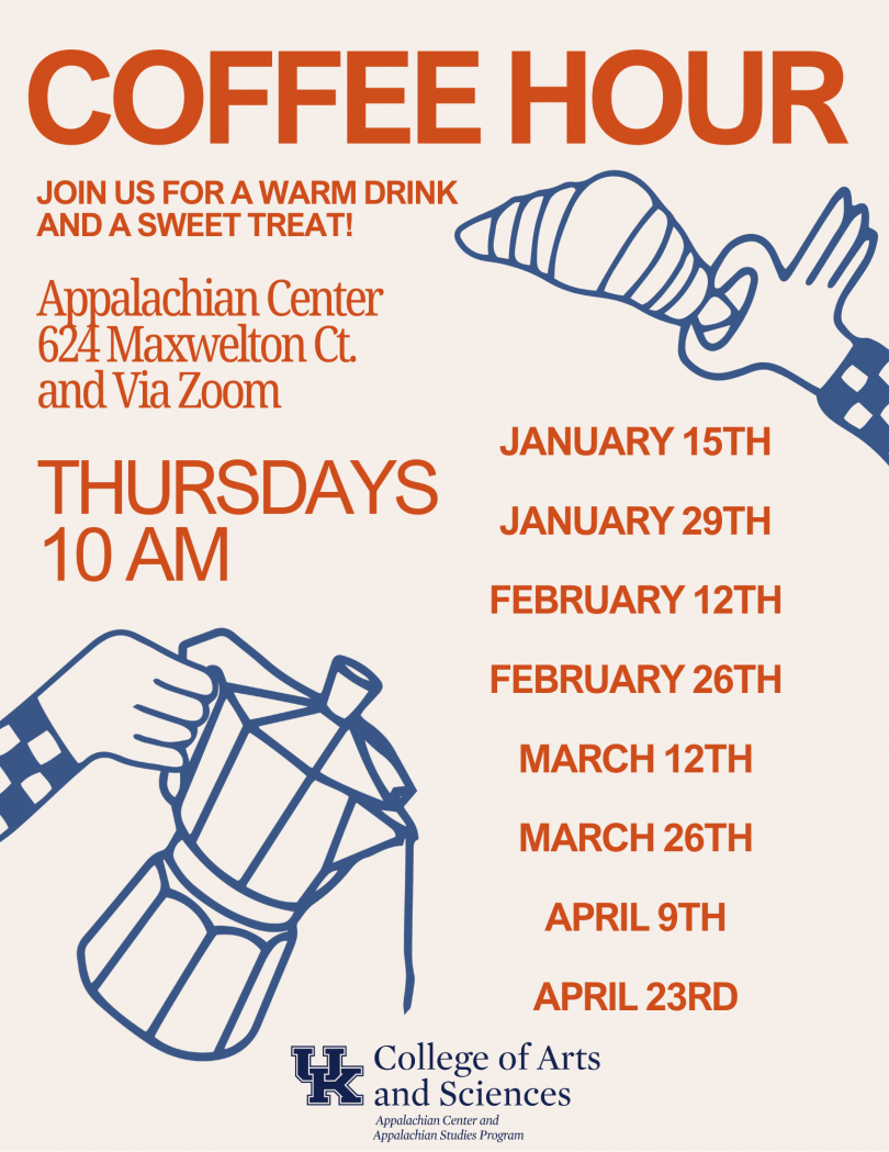 decorative image of hand pouring coffee from kettle and listing of dates and times and location reiterated