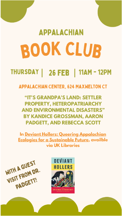 decorative flyer with information about February 26 Appalachian Book Club