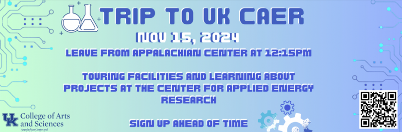 banner for trip to UK CAER with abstract artwork and lab equipment images and time and date detail