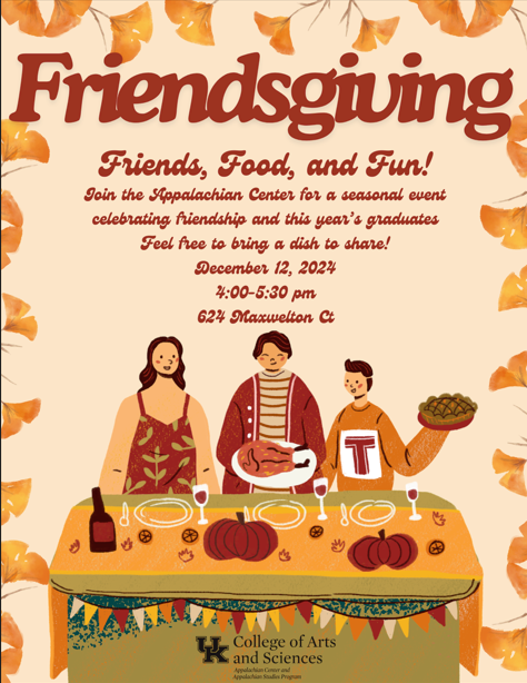 3 people standing at a table with fall colors and Thanksgiving decor and pumpkins with one individual holding a turkey and one holding a pie